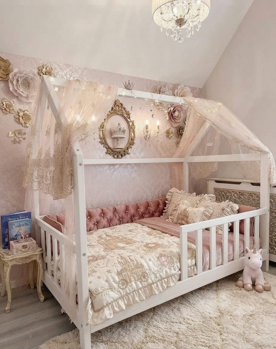 A white house bed with a canopy in a pink princess room