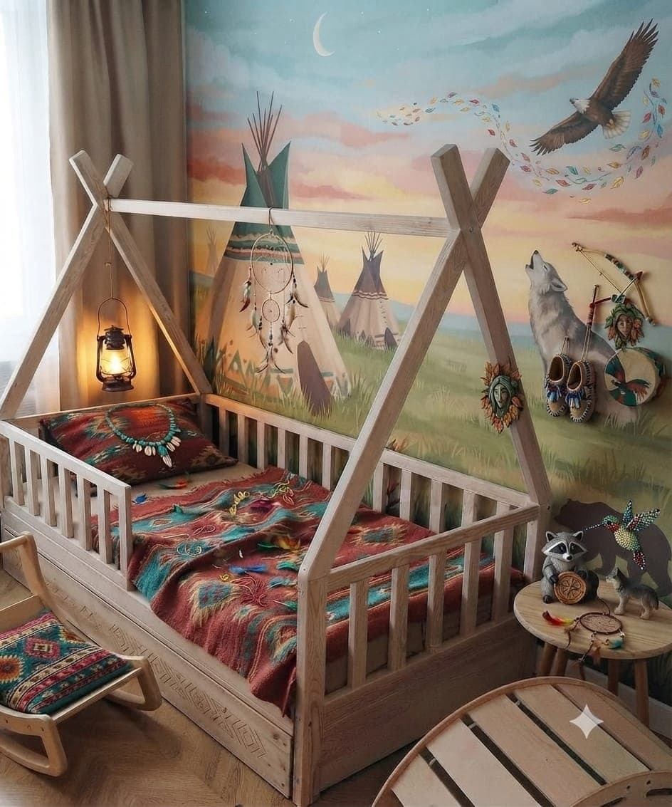 A wooden tipi bed against a mural of tents and an eagle
